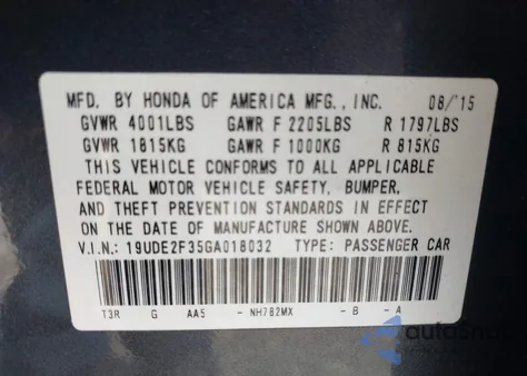 2016 Acura Ilx 2.4L/Acurawatch Plus Package from USA, damaged, VIN 19UDE2F35GA018032